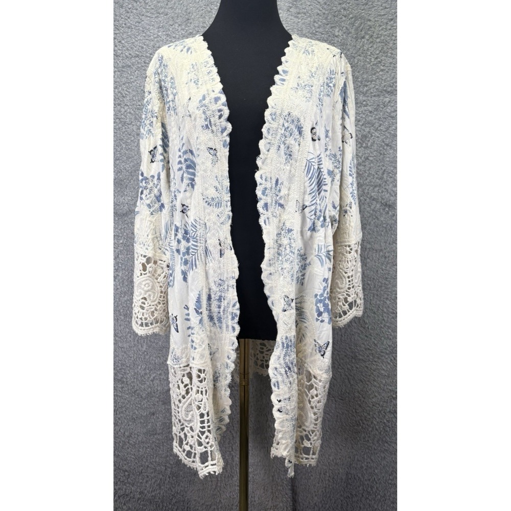 Solitaire Boho Floral Kimono Cardigan 3X Crochet Lace Trim Duster Cover Up